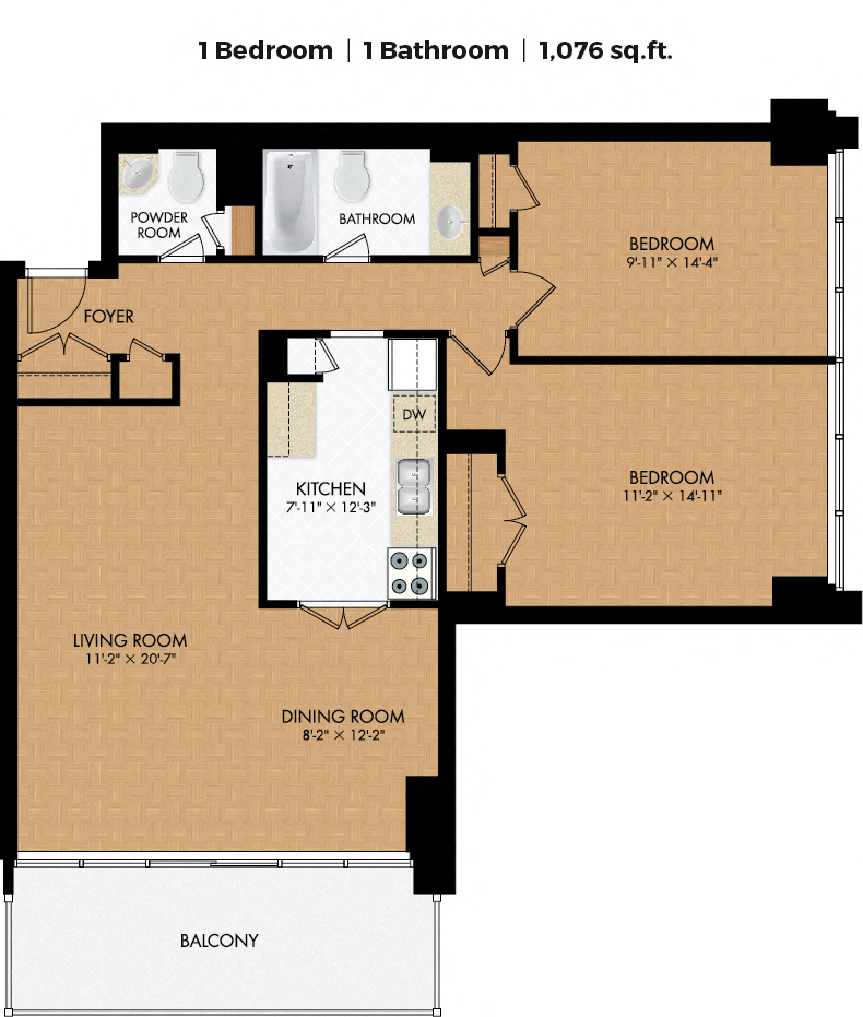Floor plan for 2 beds, 1.5 baths, 1136 sqft
